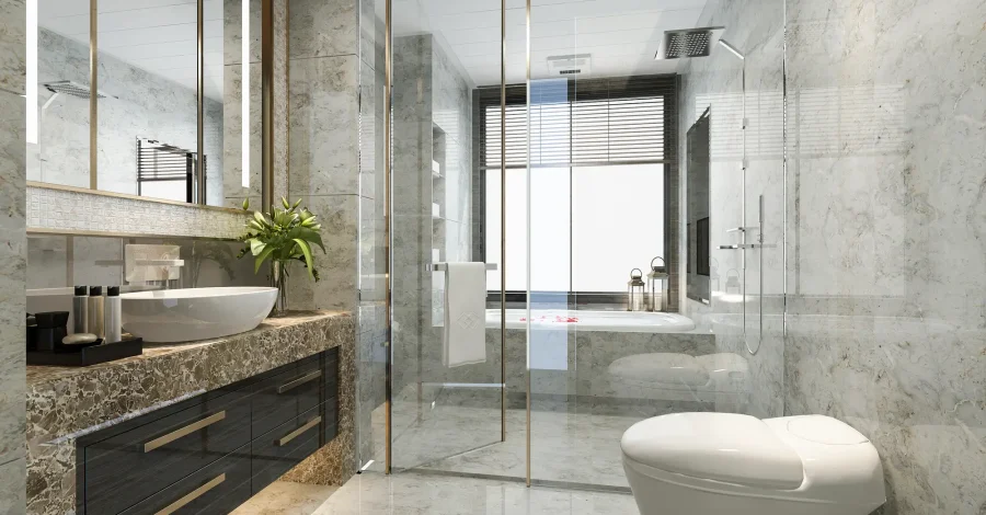 Luxurious modern bathroom with glass shower, freestanding tub, marble walls, and elegant fixtures, showcasing high-end design elements relevant to bathroom remodeling in Denver.
